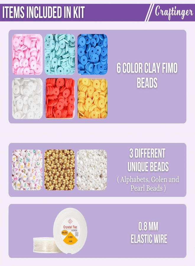 Craftinger مجموعة كرافتينجر لصنع المجوهرات: أكثر من 1500 قطعة من طين فيمو وأحرف الأبجدية واللؤلؤ والخرز الذهبي، مجموعة خرز ملونة للأطفال مع خيط مطاطي لصنع الأساور والقلائد، مناسبة للفتيات من عمر 6 إلى 12 سنة، ومجموعة للكبار. - Image 2